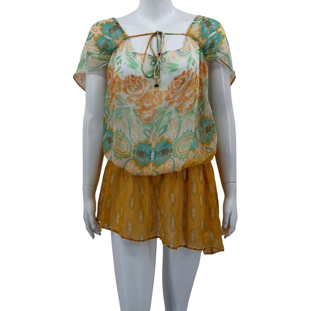 Free People Top Womens Small Orange Floral Paisley Tunic Sheer Boho Festival